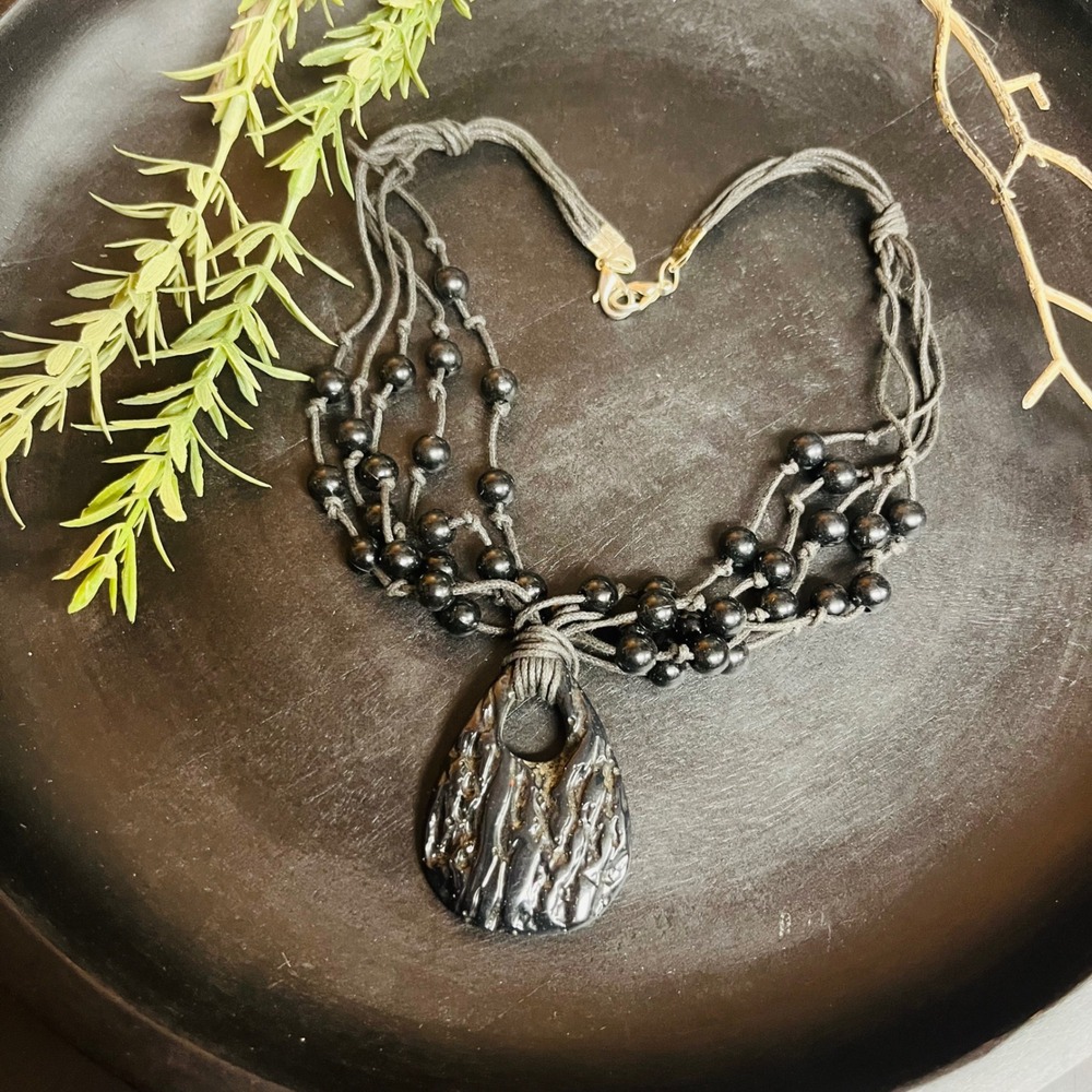 Black Beaded Pendant‎ Necklace | Textured Multi Strand | Gothic Boho Talisman